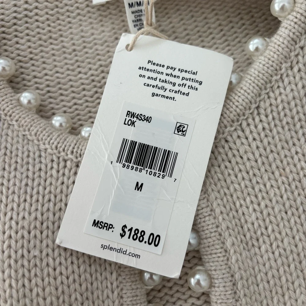 Splendid Emmy Pearl Cardigan NWT Cream Soft Cashblend Embellished Open Front M